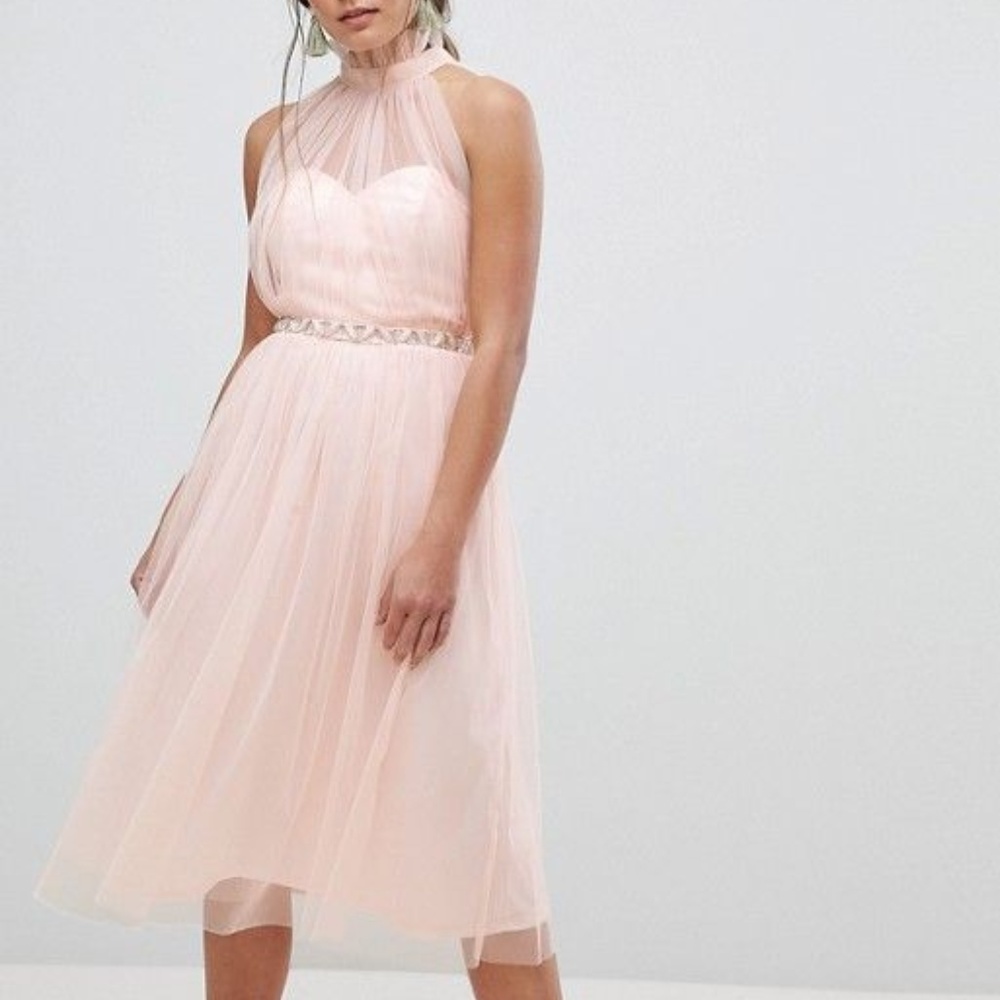 ASOS NWOT Tulle MIDI Sleeveless Baby Pink Women Bridal Engagement Dress Size 8
